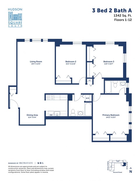 Floor plan for 3 beds, 2 baths, 1342 sqft